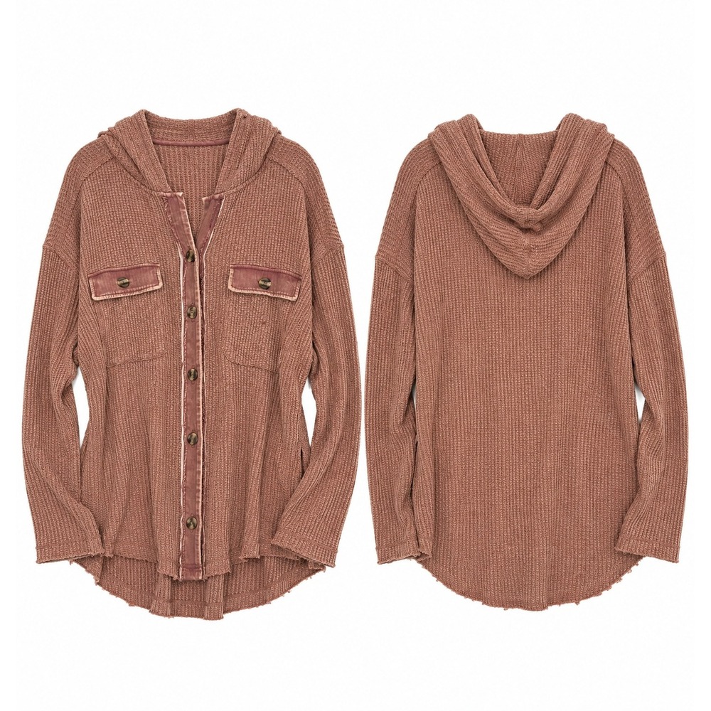 Womens L Dusty Rose Waffle Knit Hooded Shacket Distressed Boho Coastal Cowgirl